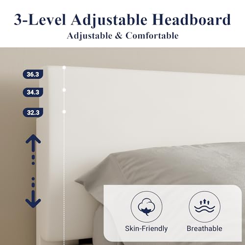 Allewie Queen Size Bed Frame with Adjustable Headboard, Faux Leather Platform Bed with Wood Slats, Heavy Duty Mattress Foundation, No Box Spring Needed, Noise-Free, Easy Assembly, White