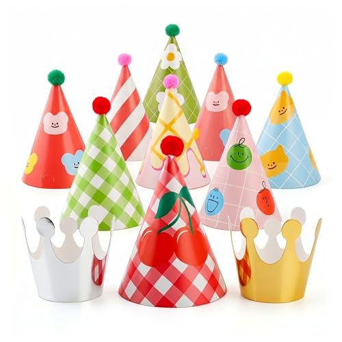 Inxens Mini Party Hats for Kids, 11 Piece Birthday Hats for Stuffed Animals and Pets, 9 Paper Cones + 2 Crowns with Pom Poms, Cherry Smiley Designs for Toddler Parties, Dolls, Small Dogs