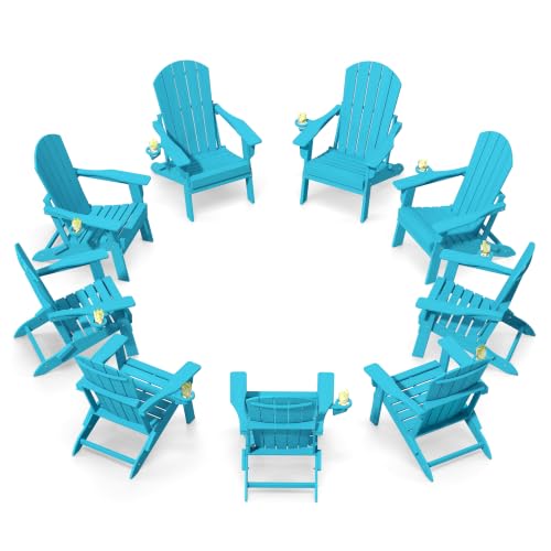 Image of Plawdlik Folding Adirondack Chair 9-piece Set, Cup Holder, Light Blue | pin-free folding, 38-in tall back, Wood-grain All-weather HDPE; for fire pit, poolside, deck, backyard, patio