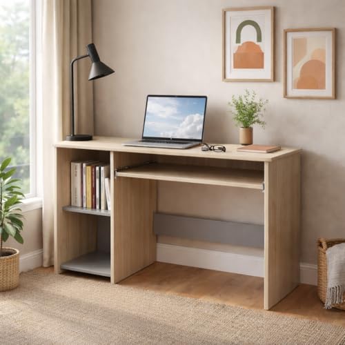 Image of 104x50x75CM Engineered Wood Study Table with Keyboard Tray & 2 Open Storage Shelves for Home, Office | Moisture Proof Computer, Laptop Table | 1 Year Warranty- Acacia Light with Grey
