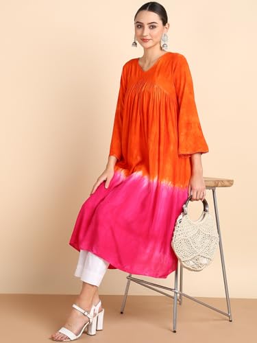 Image of Maaesa Women Handcrafted Tie-Dye Rayon A-Line Dress | Casual Wear & Office Wear | 3 /4 Sleeve | V-Neck | Lightweight & Breathable Fabric
