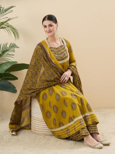 Image of MOKOSH Women's Cotton Print Anarkali Kurta Sharara with Dupatta | Anarkali Kurta Set | Queen Anne Neck Full Sleeve Ethnic Suit | Floral Kurta 3 Colour Option Available | 3 Piece Outfit