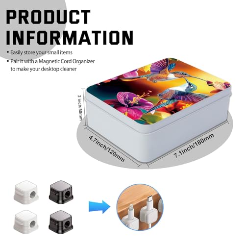 Image of Metal Tin Box with Lid for Game Cards Home Organizer Candles Keys Crafts Storage - Equipped with 4 Magnetic Cord Clips,Hummingbirds and flowers