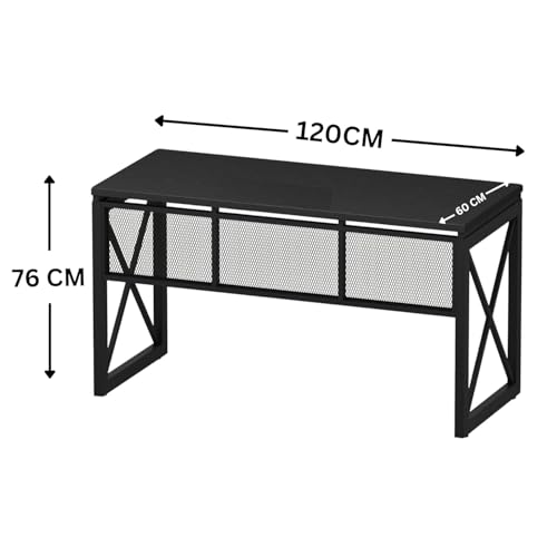Image of Klaxon Engineered Wood Iron Study Table with Drawer, Multi-Usage Laptop Desk & Home Office (Printo-FD, DIY Installation) (Black, Gillian)