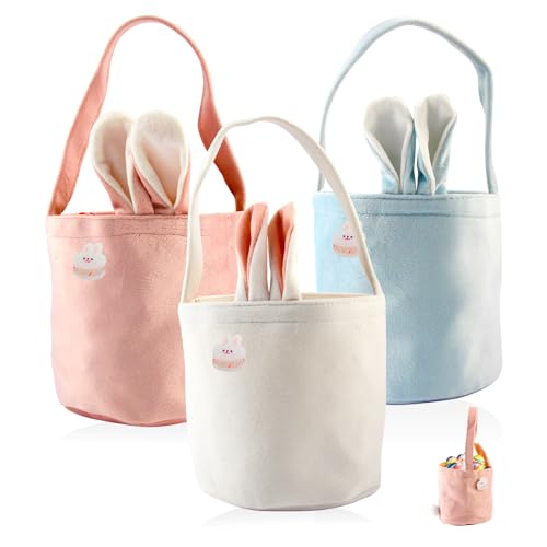 Vaskula 3 Pcs Panier Paques avec Poignée Panier Chasse Aux Oeufs Bonbons Aux œufs de Pâques en Chocolat avec Oreilles Et Queue de Lapin Panier Paques Enfant