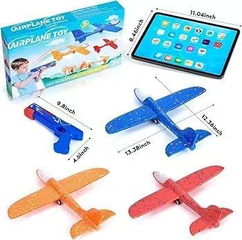 Foam Airplane Launcher Toy with LED Lights, 3 Pack Glider Planes with Gun, Kids Outdoor Flying Toy