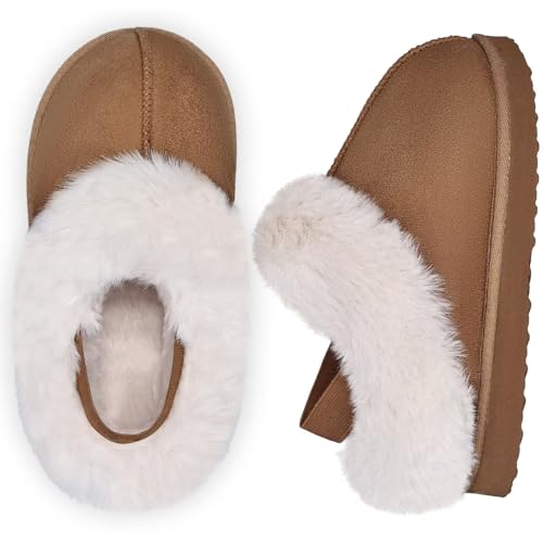 IceUnicorn Toddler Slippers with Backstrap Girls Boys Fuzzy House Shoes Kids Warm Memory Foam Slippers Bedroom Slides for Indoor Outdoor(833/Light brown 22/23)