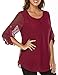 Cestyle Chiffon Blouses for Women, Roll up 3/4 Sleeve Tops for Women Casual Elegant Round Neck Layered Womens Work Blouses for Women Fashion 2022 Fall Womens Clothes Wine 2XL