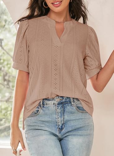 Image of Dokotoo Womens Blouses V Neck Puff Short Sleeve Business Casual Tops