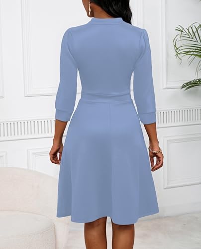 Image of PerZeal Women's Casual Flowy A-Line Midi Dress Flared V-Neck Colorblock Print for Wedding Guest 3 /4 Sleeve Dress with Belt
