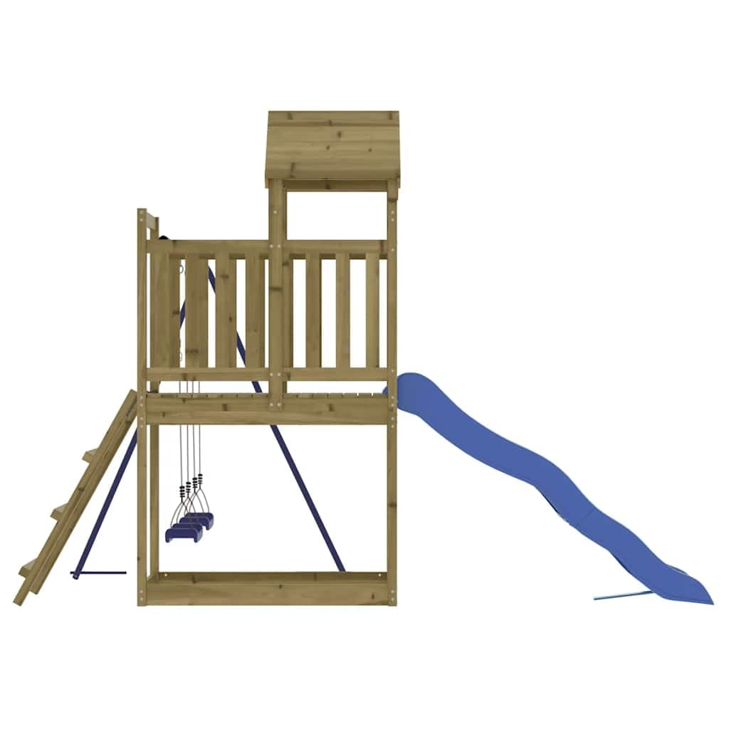 Torre da gioco in legno di pino impregnato in autoclave, con scivolo ondulato, piedistallo da 90 cm, scala, 2 altalene e sabbiera per giardino, parco giochi