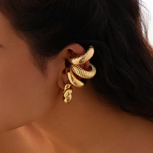 KISS WIFE 4 Pcs Chunky Ear Cuffs Non Piercing for Women, 14K Gold Plated Clip On Cartilage Hoop Earrings Jewelry Gifts4