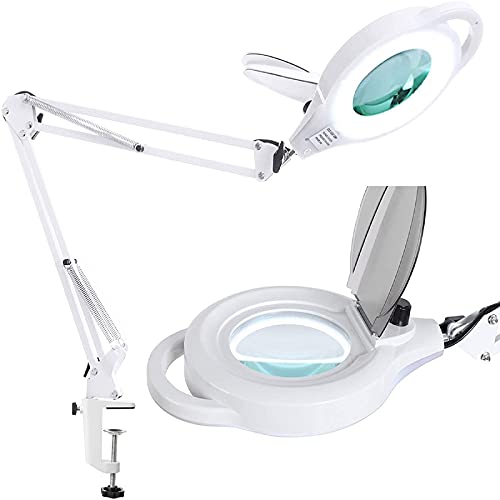 LED Magnifying Lamp, NUEYiO 2,200 Lumens Super Bright Stepless Dimmable Magnifying Glass with Light, 5-Diopter Real Glass, Adjustable Lighted Magnifying Glass for Reading, Crafts, Repair. (White)