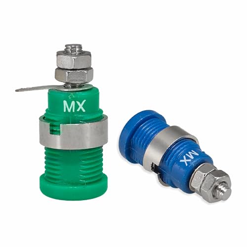 Image of MX 4mm Banana Socket Set, Laboratory Grade Safety Test Terminals in Blue Yellow Green, Metal Construction, Panel Mount Design Pack of 3