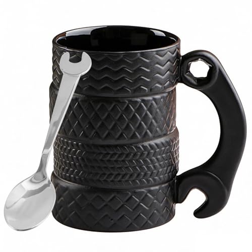 LOZACHE 3D Tire Funny Coffee Mug with Spoon & Handle, 500ml Large Novelty Ceramic Tea Mug Milk Cup Cool Car Lovers Gifts for Men Mechanic Drviers Dad Brothers Cool Birthday Present (Black 01)