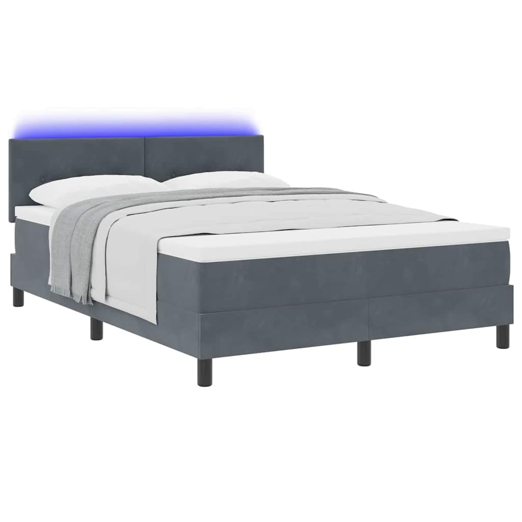 Cama con somier LED gris oscuro con cabecero de terciopelo 140 x 190 cm, cabecero ajustable, tiras LED RGB, material de madera y madera maciza, cama doble moderna para dormitorio
