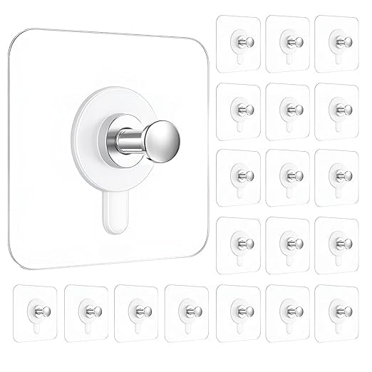 Image of Eightiz 20 Pack Heavy Duty Self-Adhesive Screw Hooks as Strong Wall Hanging Solutions Without Drilling for Kitchen and Bathroom Accessories (Screw Hook Hanger, Trasparent)