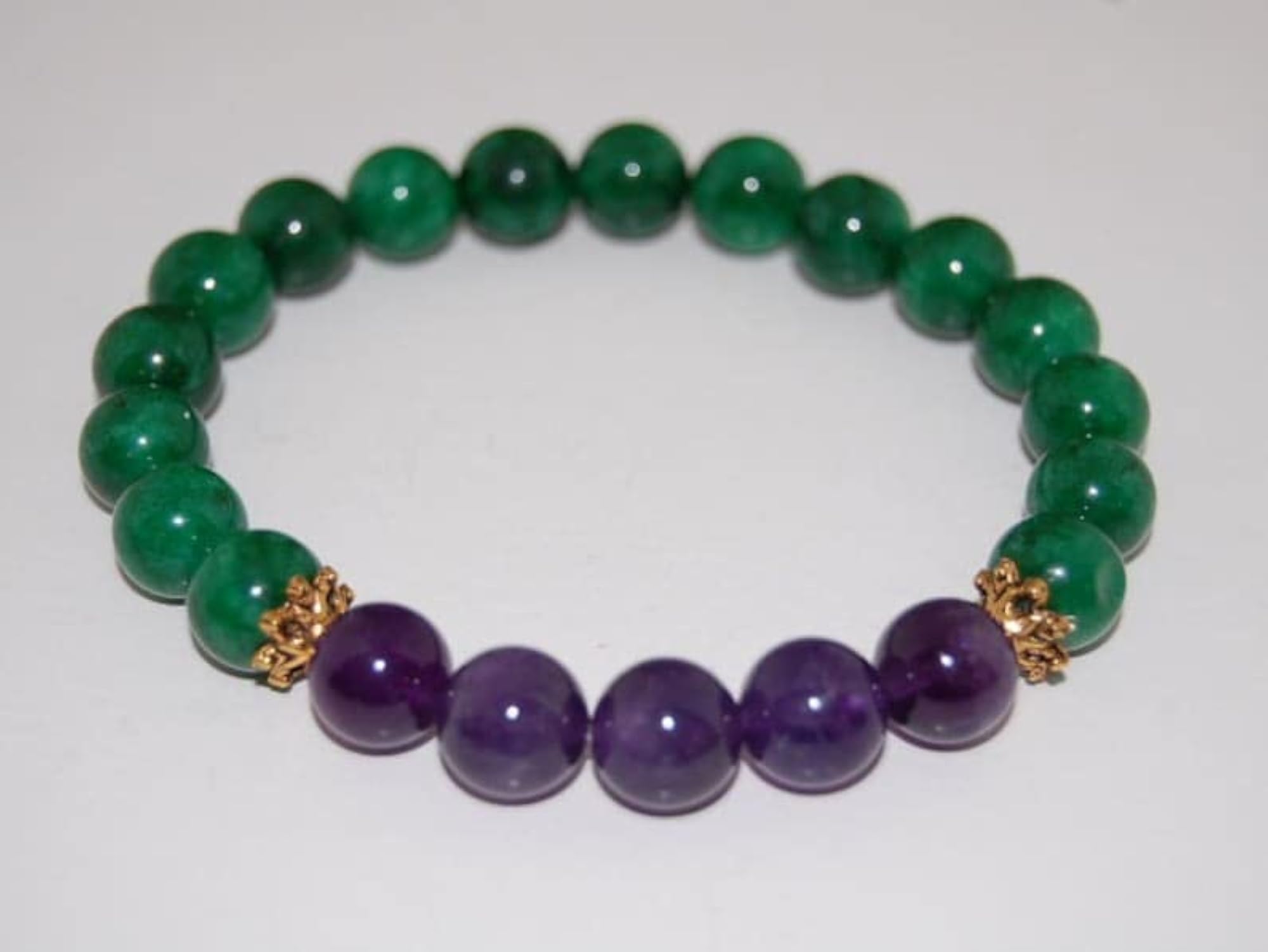 Natural Amethyst & Green Jade Gemstone Stretch Bracelet, Unisex Healing