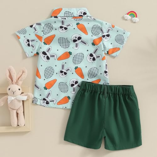 Image of Owl's-Yard Baby Boy Easter Outfits Rabbit Carrot Short Sleeve Button Down Shirts and Solid Color Shorts 2 Pcs Summer Set