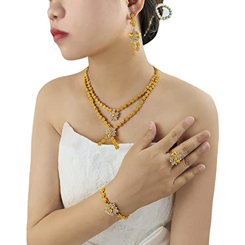 Indian Bollywood Women Jewelry Sets 24K Gold Plated Dubai Gold Necklace Earrings Bangle Fashion Wedding Prom Jewelry Set