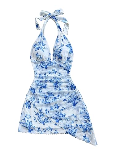 Image of BEAUDRM Women's Summer Mini Dress Halter Backless Vacation Beach Sundresses | Boho Dress, Floral Dress for Women, Vacation Beach Outfits, Going Out Dress, Brunch Outfits