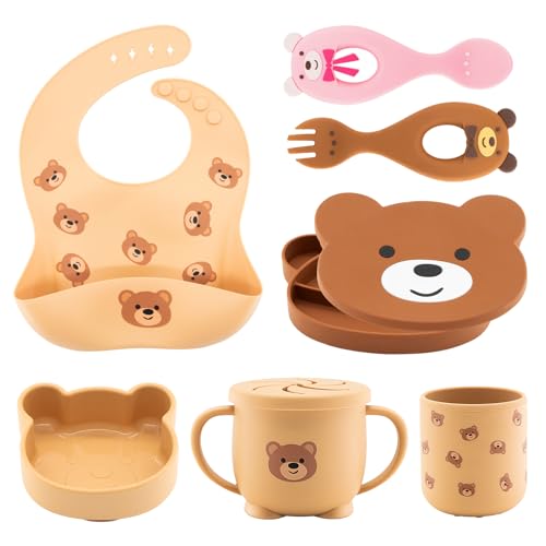 Image of CHCC Silicone Baby Feeding Set 7 Pcs, Baby Led Weaning Supplies, Baby Feeding Supplies Set BPA Free, Baby Essentials for Newborn Gift Bear