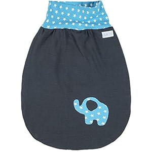 Lilakind Slaapzak, trappelzak, inbakerzak, herfst/winter, olifant, grijs, lichtblauw, sterren, maat S – Made in Germany, Grijs lichtblauw, 38 cm lang