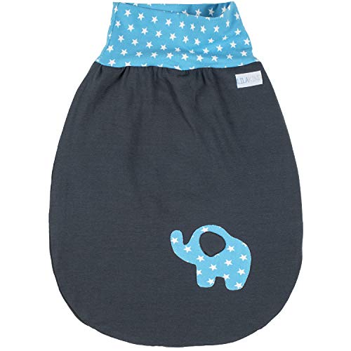 Lilakind Slaapzak, trappelzak, inbakerzak, herfst/winter, olifant, grijs, lichtblauw, sterren, maat S - Made in Germany, Grijs lichtblauw, 38 cm lang