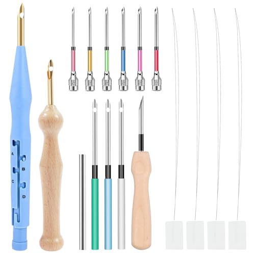 17 Pcs Adjustable Punch Needle Tool with Threader, Punch Needle Kit, Punch Needle Embroidery Kit, Wooden Handle Embroidery Pen Set, Punch Needle Starter Kit Punch Needle Supplies for Adults Beginners