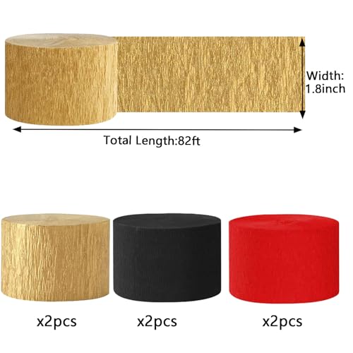 Image of We Moment Black and Red Gold Crepe Paper Streamers Party Streamer 1.8 Inch Widening 6 Rolls,Red and Gold Black Party Decorations Streamer 82 feet per roll for Birthday Graduate Party Decorations