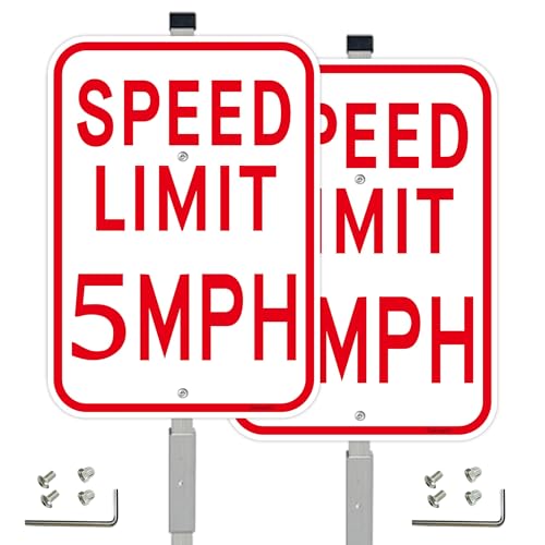 Panneau de limitation 8 km/h avec piquet lot de 2 en aluminium réfléchissant 35x25 cm