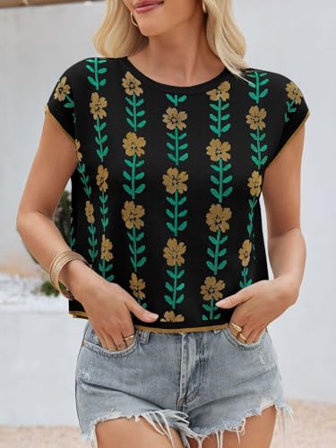 Image of Saodimallsu Womens Cap Sleeve Crop Tops Summer Color Block Going Out Crew Neck Knit Trendy Casual Sweater