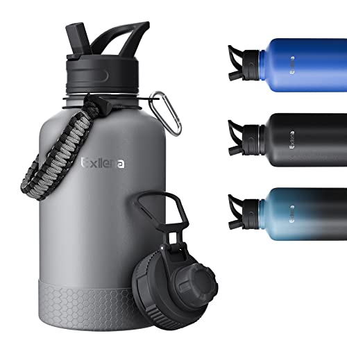 Exllena 2 Litre Stainless Steel Water Bottle, Double Insulated Water Bottles with Two Lids and Protective Silicone Boot