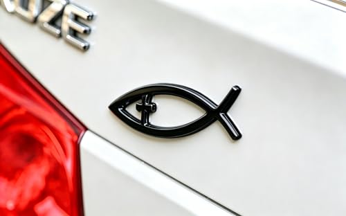 Image of 3D Chrome Emblem Badge Sticker Christian Fish with Cross Chrome Emblem Decoration for Car, Truck, Motorcycle, RV, Scooter, SUV, Door, Window (Black Christian Fish)