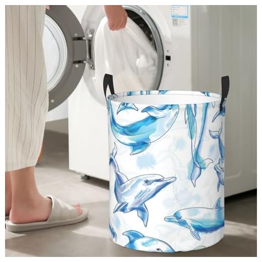 Cesta de lavado plegable y a prueba de salpicaduras de 34 cm de diámetro x 42 cm de alto, cesta de lavandería de delfín de acuarela para dormitorios, baños y coches