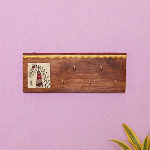 Image of Artysta 'Horse on Plank' Wooden Key Holder | Wall Stylish Decorative Keychain | Key Hold Hanger for Home Decor | Key Orgainzer | Handmade Painted Key Hanger | 5 Key Hooks | Housewarming Gifts
