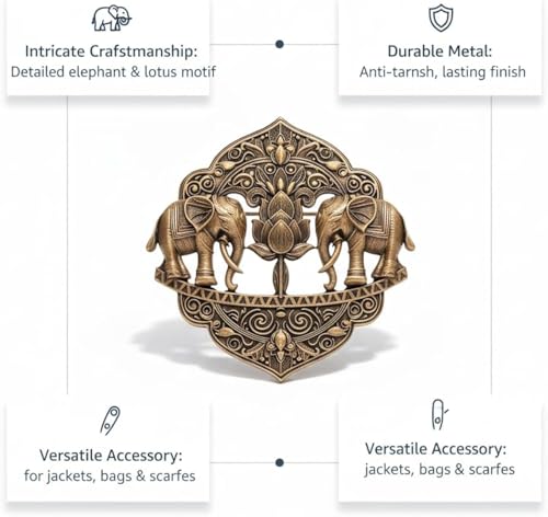 Image of Antique Gold Vintage Brooch Pin for Women and Men, Ethnic Lapel Pin, Traditional Fashion Jewelry Accessory for Saree Blouse Blazer Jacket Dress