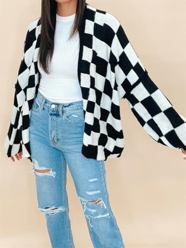 Womens Checkered Cardigan Oversized Plaid Sweater Cardigan Long Sleeve Open Front Cardigans Knit Coats4