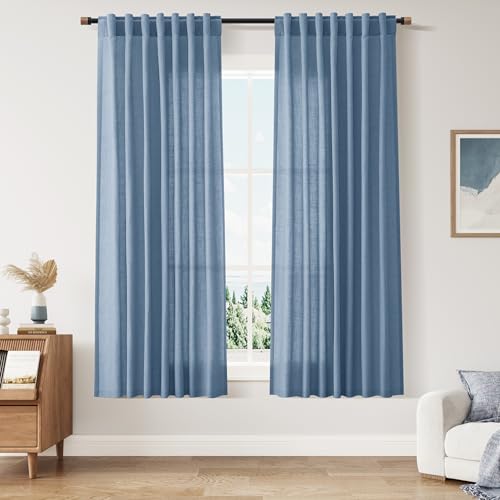 Image of Stone Blue Linen Curtains 63 Inches Long 2 Panel Sets for Living Room Bedroom Rod Pocket Back Tab Light Filtering Drape for Kitchen Window Short Protect Privacy Curtain 52x63