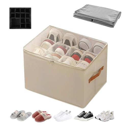 Zapatero plegable con cubierta transparente, solución de almacenamiento de zapatos para armario, 12 rejillas de asas, color beige, perfecto para ahorrar espacio y ordenar.