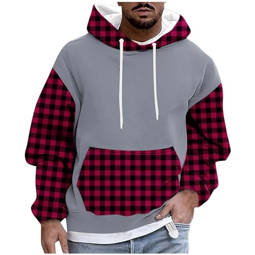 Long Sleeve Plaid Sweatshirts for Men Fleece Casual Hoodie Autumn Winter Sweatshirts Comfort with Pockets Pullover