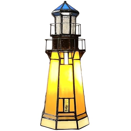 Bieye L10979 Tiffany-Style Stained Glass Lighthouse Accent Table Lamp, 9.5