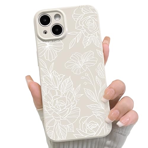 NITITOP Compatible with iPhone 15 Case Cute Aesthetic Floral Flower Rose Line Pattern for Women Girl Trendy Slim Fit TPU Silicone Shockproof Full Camera Protection Cover - White
