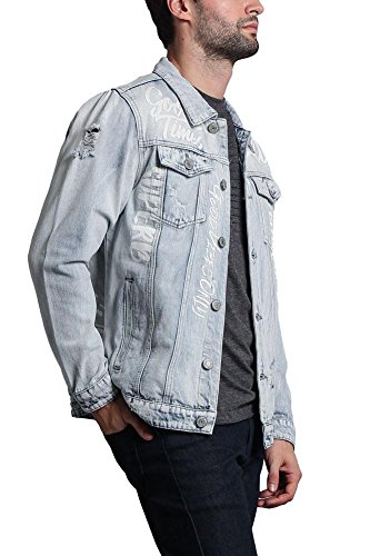 Men's Scribbled Street Motivational Text Casual Distressed Denim Jean Jacket DK107 - Light Indigo4