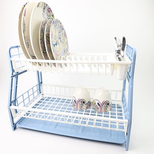 DIVCHI 2-Tier Dish Drying Rack Large Capacity Plastic Dish Drainer, Utensil Holder, Drain board - Kitchen Counter, Over Sink Organizer for Plates, Bowls, Cups (Blue)