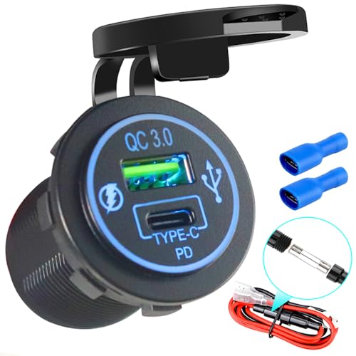 12V USB Quick Charge 3.0 Port & PD USB C Car Charger Socket, 12V USB Outlet with wire for Car Marine Boat Motorcycle RV Truck