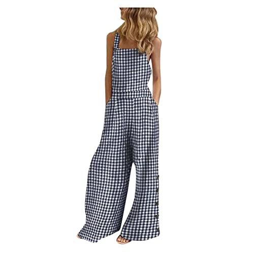 Casual Pants for Women Fall Summer Faux Gauze Linen Loose Fit Overall Plaid with Slit Flared Bell Bottom Jumpsuits Pants One Piece Women 2025 Clothing Fashion XXL