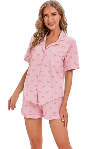 Image of LUBOT 100% Cotton Pajamas for Women 2 Piece PJ Set Button-Down Soft Knit Short Sleeve Summer Sleepwear Loungewear XS-XXL
