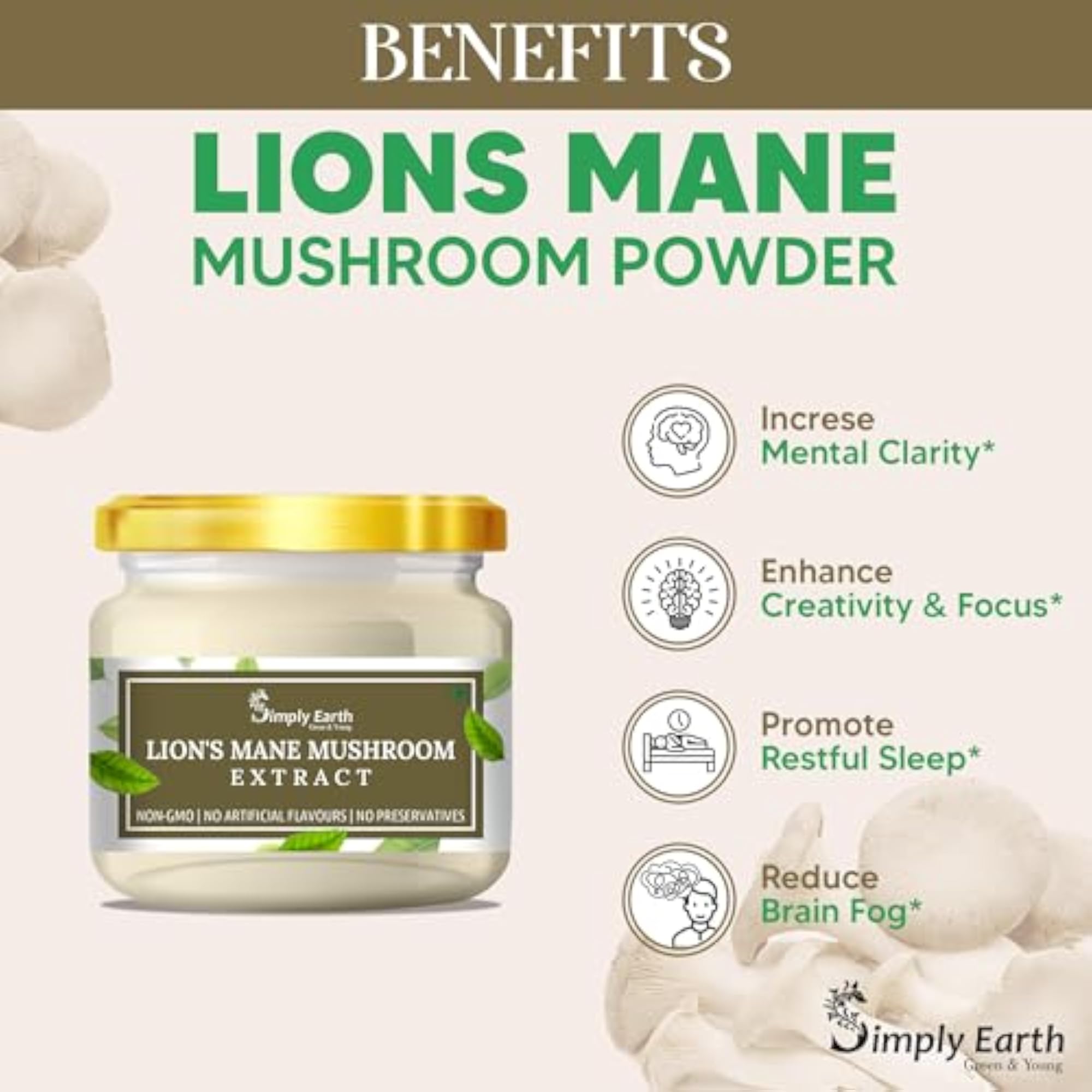 Simply Earth Lion's Mane Mushroom Extract Powder, 50gm