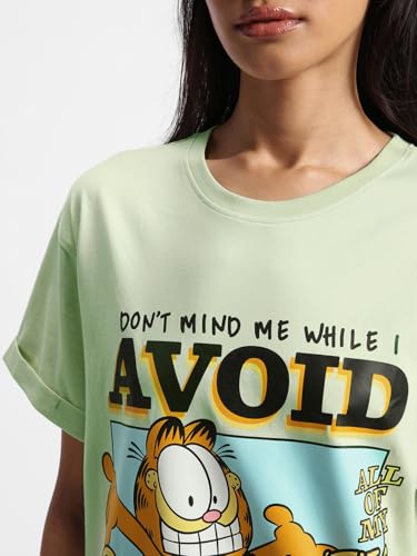 Image of Bewakoof X Official Garfield Merchandise Women's Selective Participation Graphic Printed 100% Cotton T-Shirt - Boyfriend Fit, Round Neck, Half Sleeves, Loose Fit